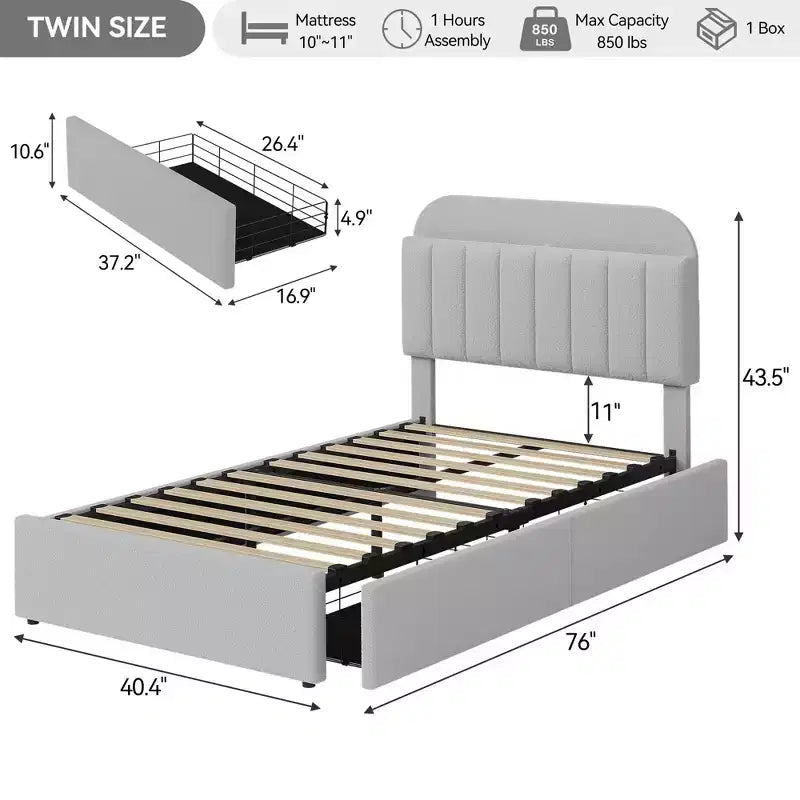 Lit plateforme double en bouclette avec tête de lit et tiroirs de rangement – Lit rembourré silencieux pour garçons et filles, aucun sommier tapissier requis