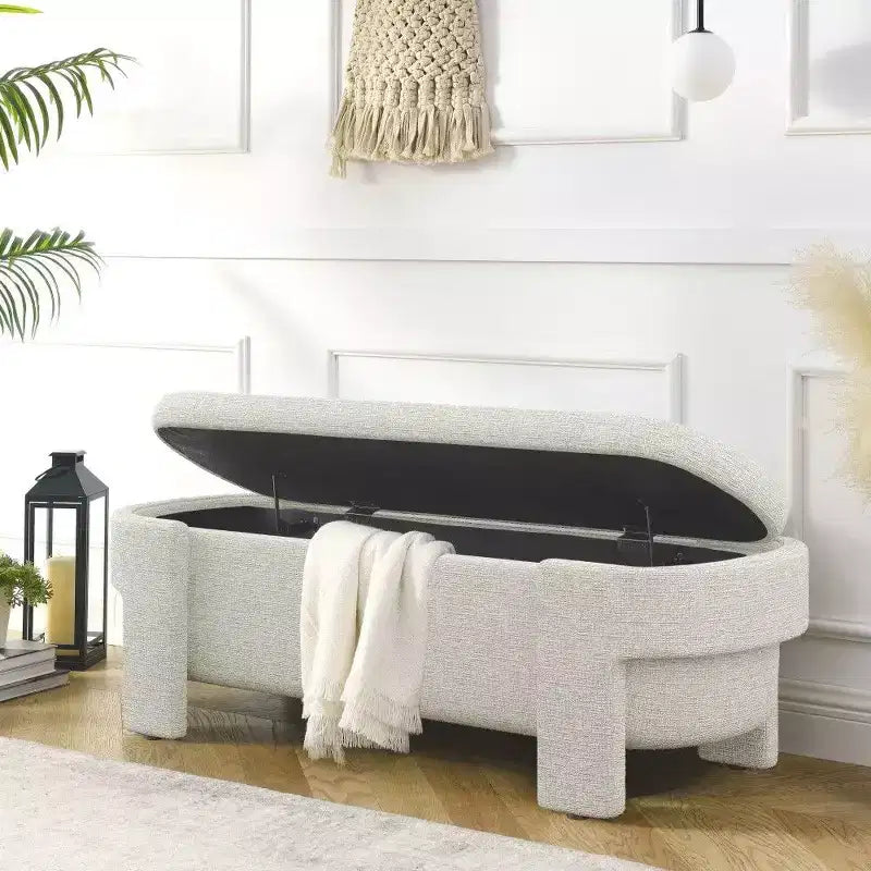 Banc de rangement ovale, banc de bout de lit en lin de 51,5 pouces, pouf pour salon, chambre à coucher, entrée
