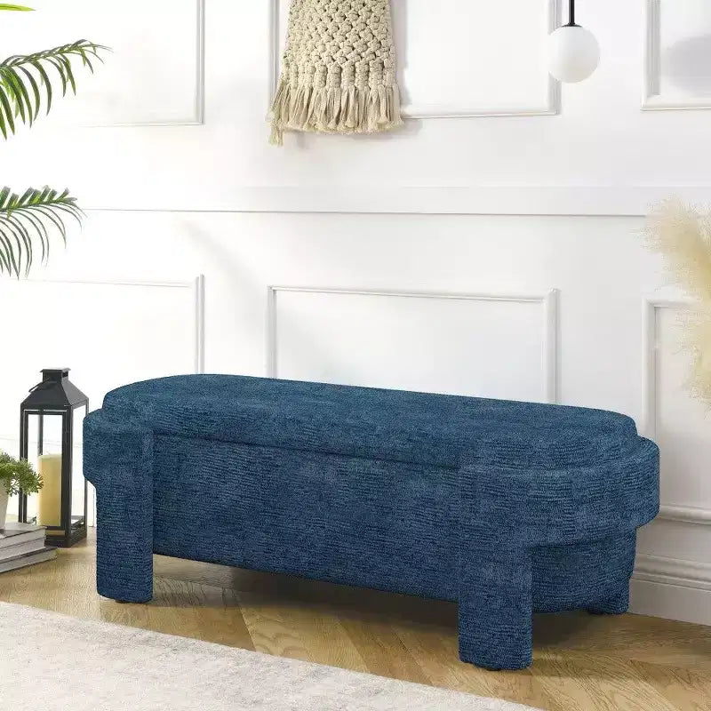 Banc de rangement ovale, banc de bout de lit en lin de 51,5 pouces, pouf pour salon, chambre à coucher, entrée