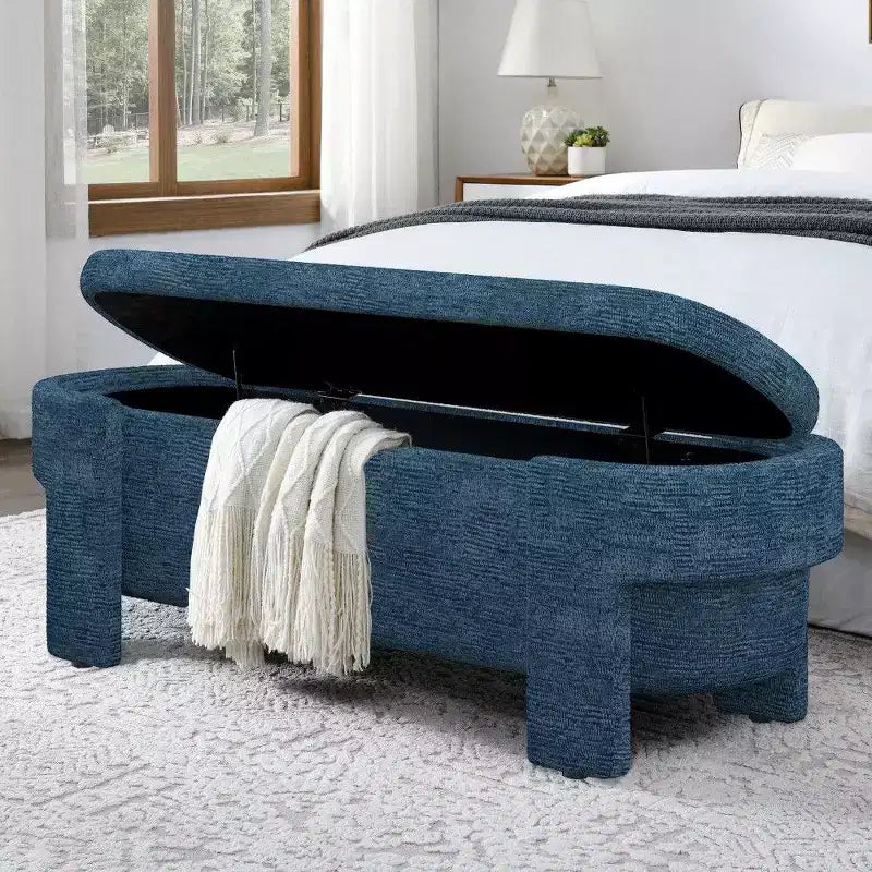 Banc de rangement ovale, banc de bout de lit en lin de 51,5 pouces, pouf pour salon, chambre à coucher, entrée