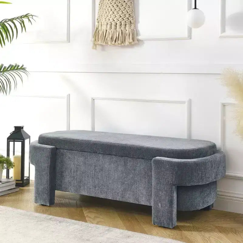 Banc de rangement ovale, banc de bout de lit en lin de 51,5 pouces, pouf pour salon, chambre à coucher, entrée