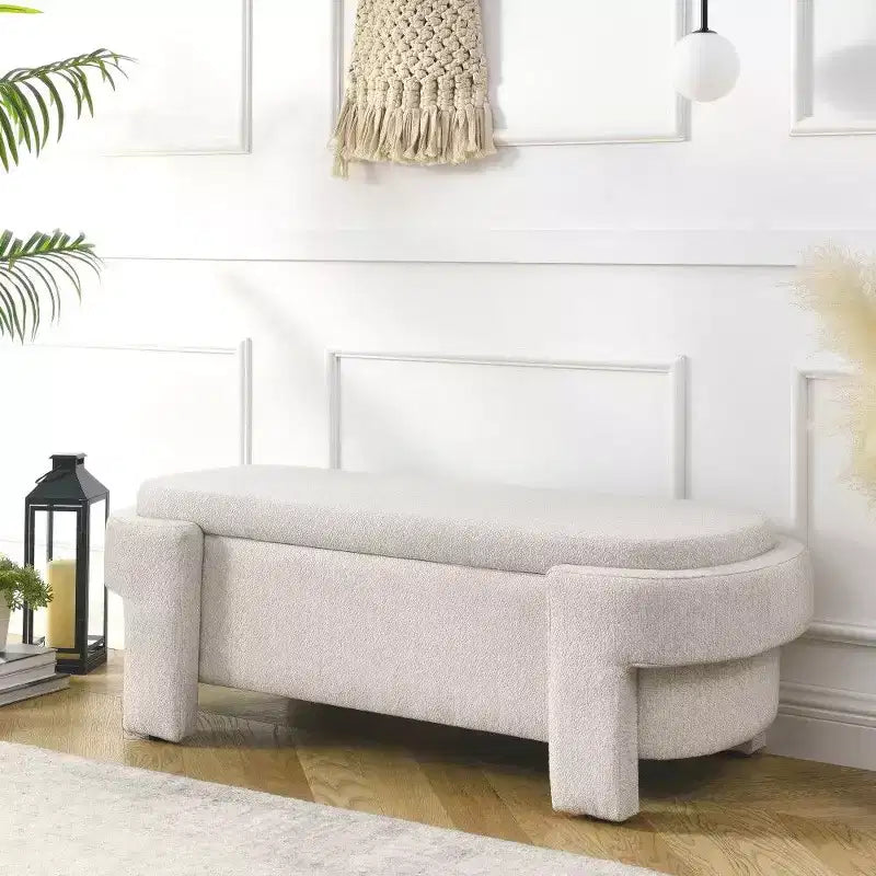 Banc de rangement ovale, banc de bout de lit en lin de 51,5 pouces, pouf pour salon, chambre à coucher, entrée