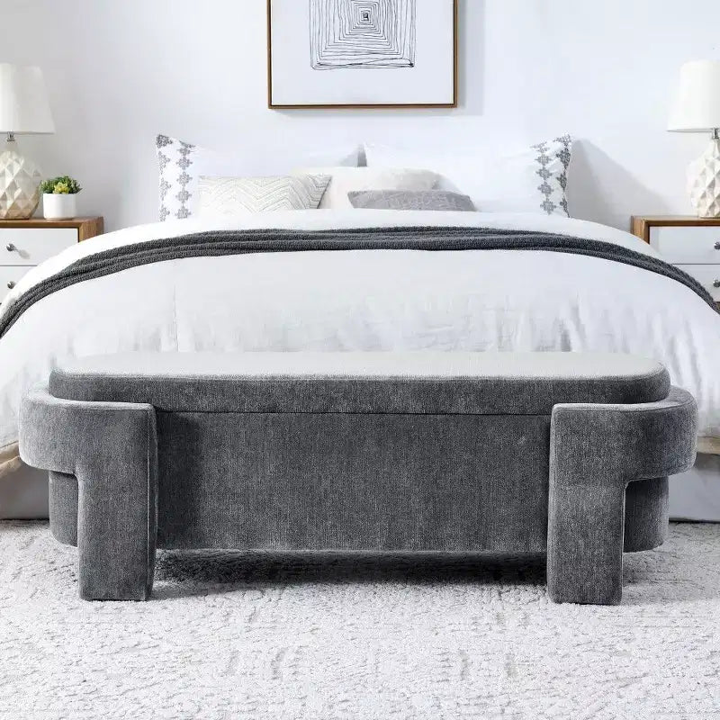 Banc de rangement ovale, banc de bout de lit en lin de 51,5 pouces, pouf pour salon, chambre à coucher, entrée