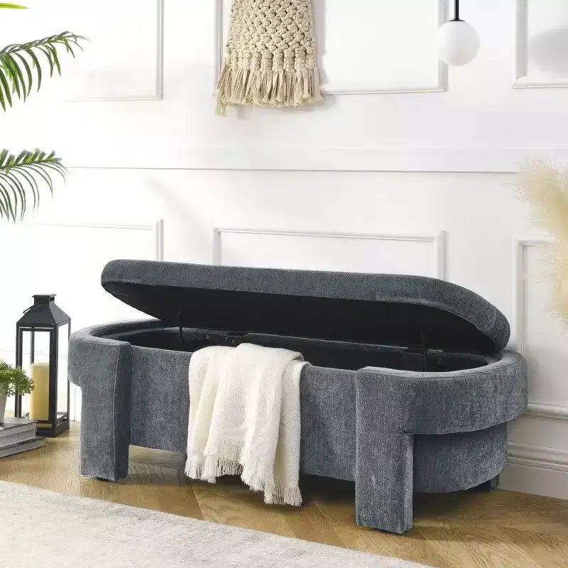 Banc de rangement ovale, banc de bout de lit en lin de 51,5 pouces, pouf pour salon, chambre à coucher, entrée