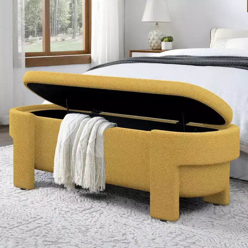 Banc de rangement ovale, banc de bout de lit en lin de 51,5 pouces, pouf pour salon, chambre à coucher, entrée