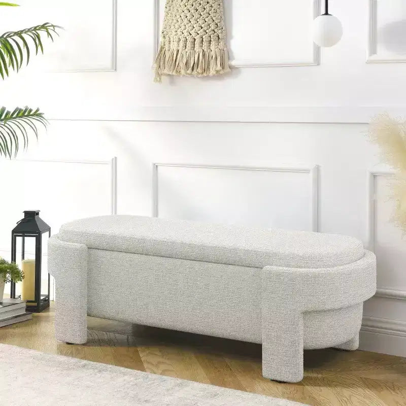 Banc de rangement ovale, banc de bout de lit en lin de 51,5 pouces, pouf pour salon, chambre à coucher, entrée