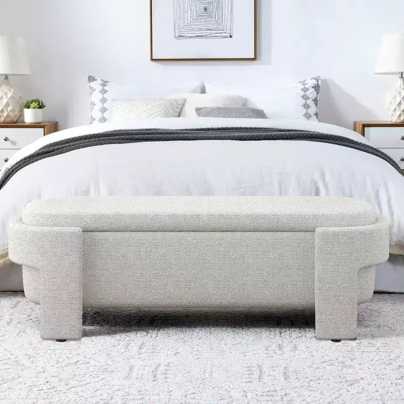 Banc de rangement ovale, banc de bout de lit en lin de 51,5 pouces, pouf pour salon, chambre à coucher, entrée