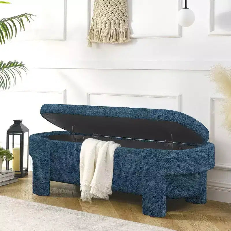 Banc de rangement ovale, banc de bout de lit en lin de 51,5 pouces, pouf pour salon, chambre à coucher, entrée