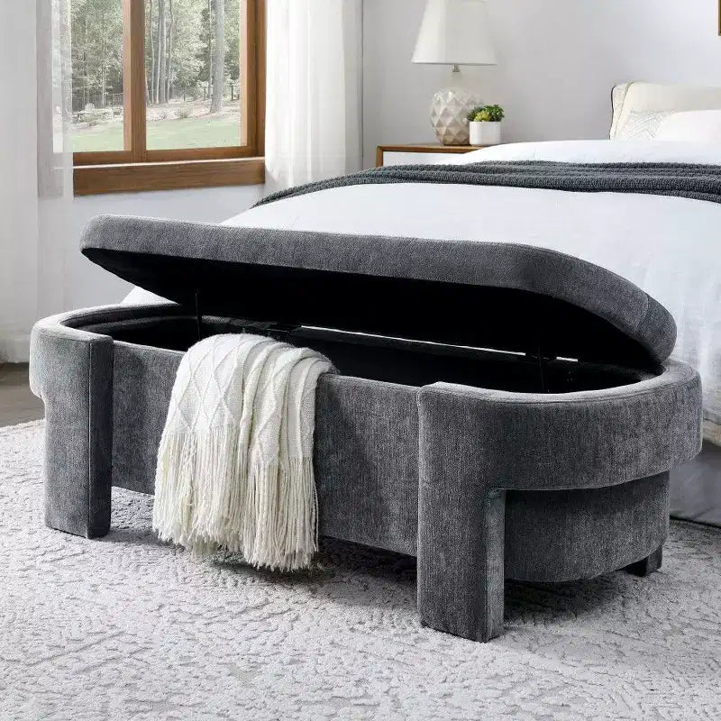 Banc de rangement ovale, banc de bout de lit en lin de 51,5 pouces, pouf pour salon, chambre à coucher, entrée