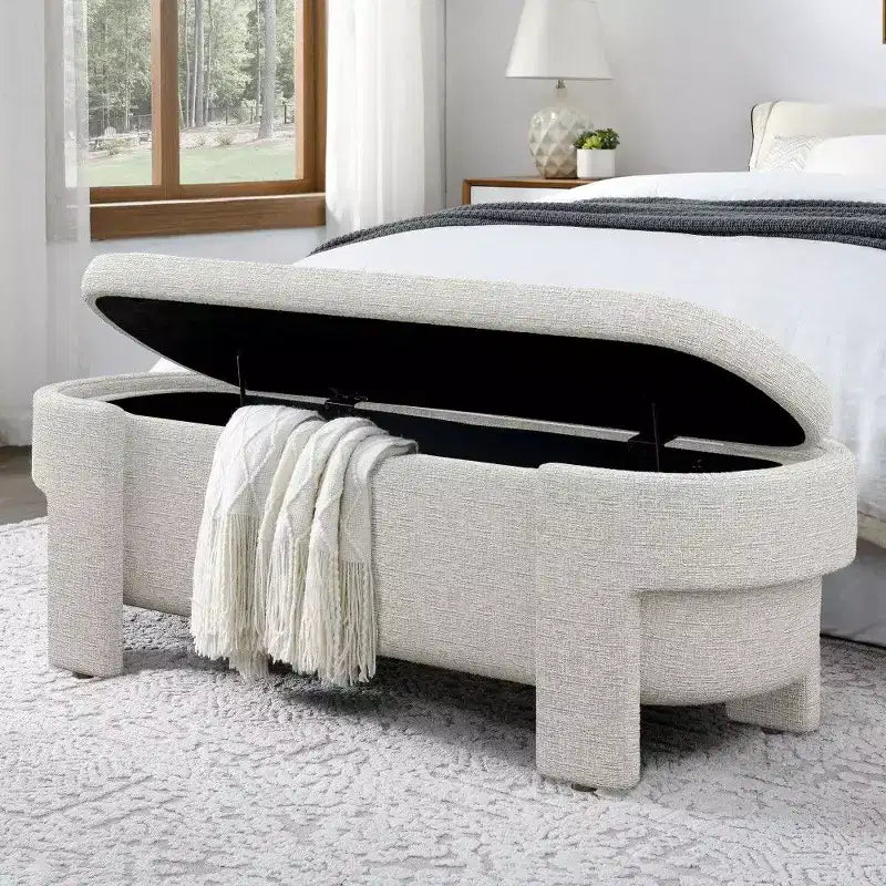 Banc de rangement ovale, banc de bout de lit en lin de 51,5 pouces, pouf pour salon, chambre à coucher, entrée