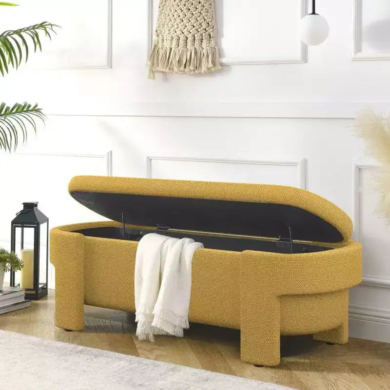 Banc de rangement ovale, banc de bout de lit en lin de 51,5 pouces, pouf pour salon, chambre à coucher, entrée
