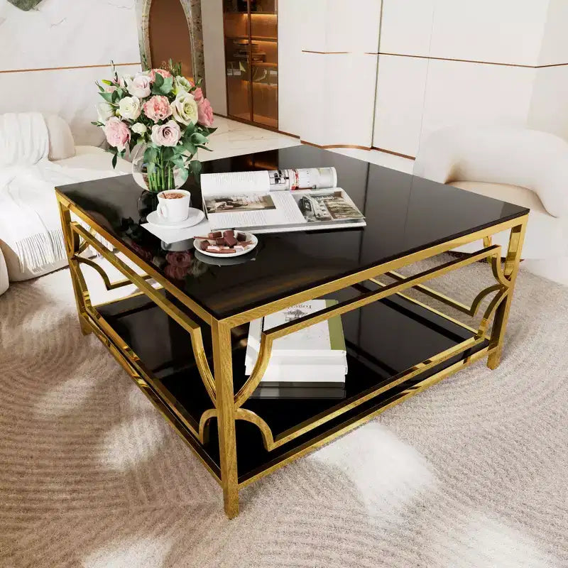 Table basse carrée en verre avec étagère inférieure