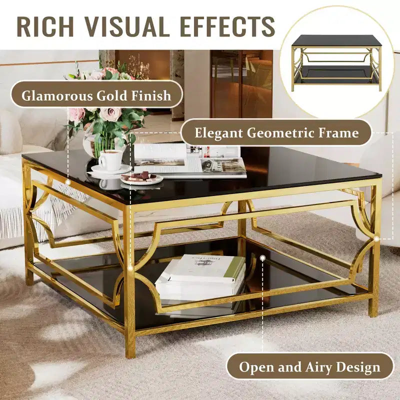 Table basse carrée en verre avec étagère inférieure