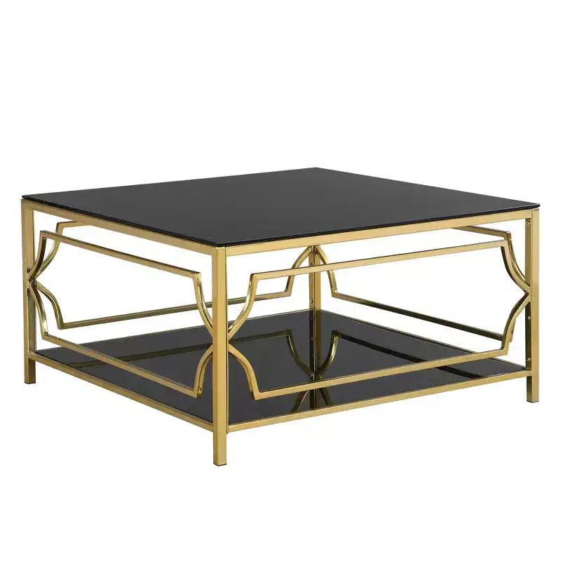 Table basse carrée en verre avec étagère inférieure