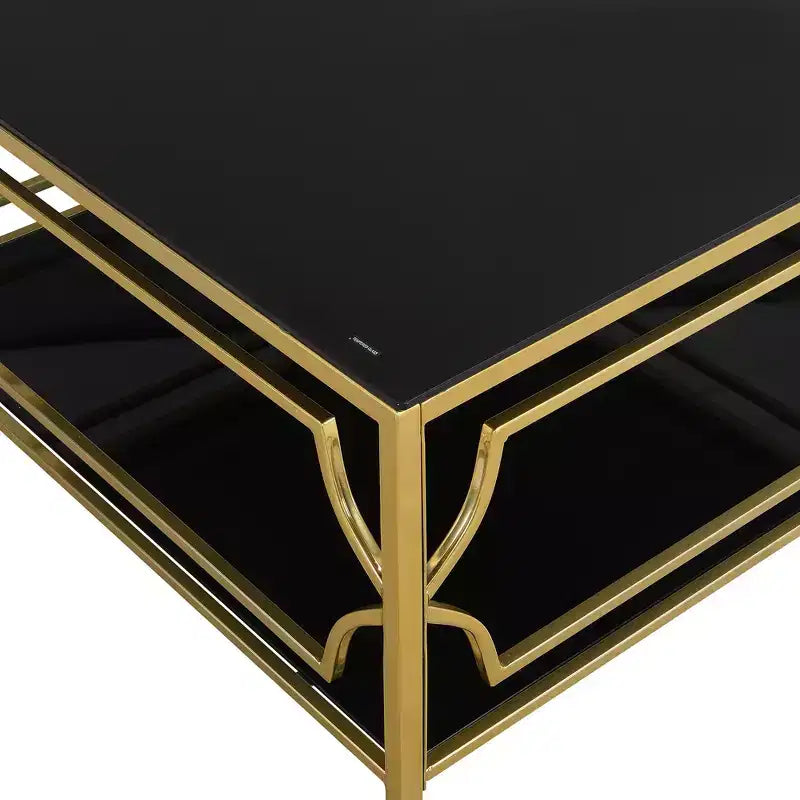Table basse carrée en verre avec étagère inférieure