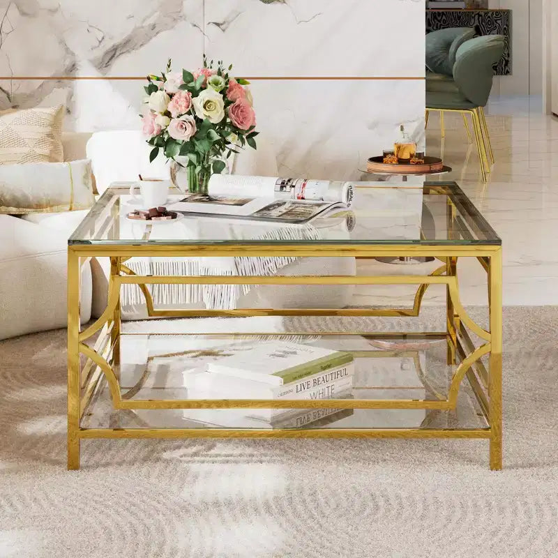 Table basse carrée en verre avec étagère inférieure