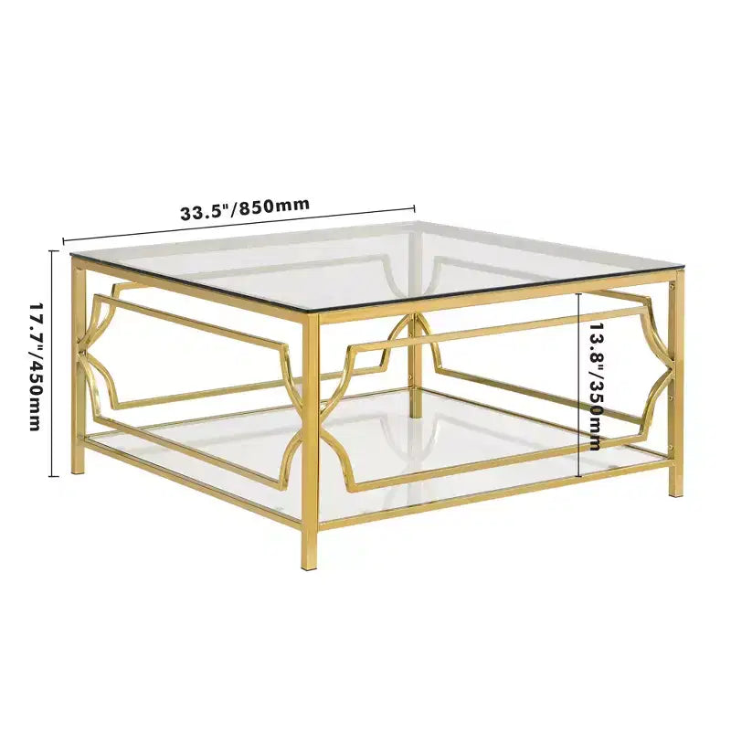 Table basse carrée en verre avec étagère inférieure