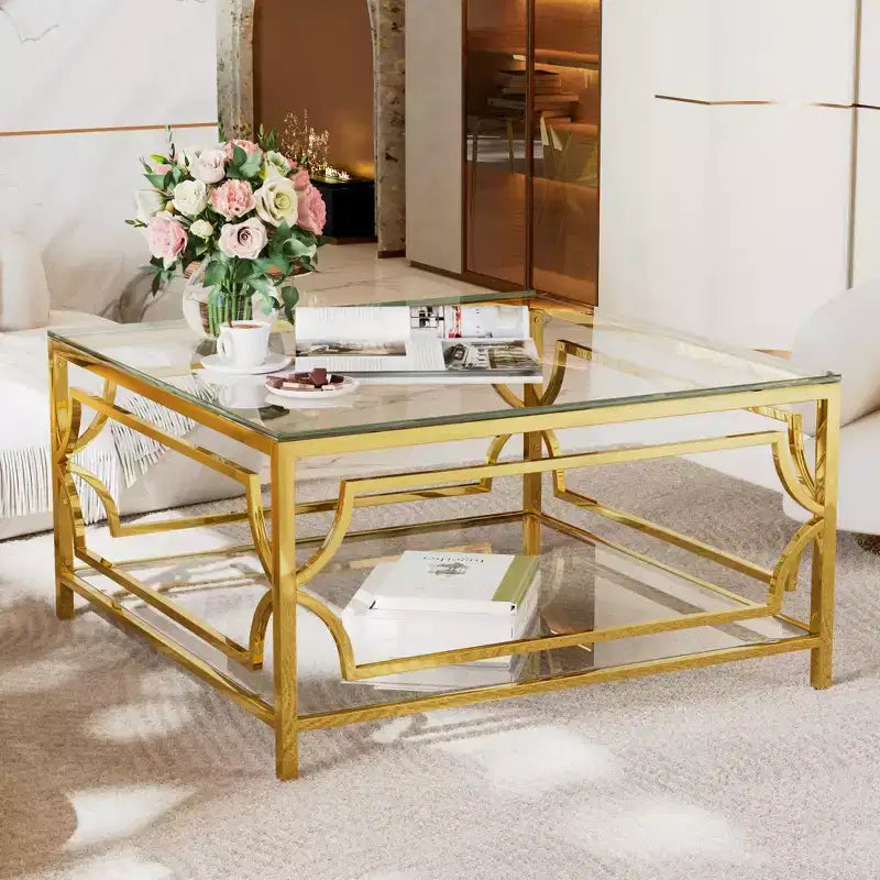 Table basse carrée en verre avec étagère inférieure