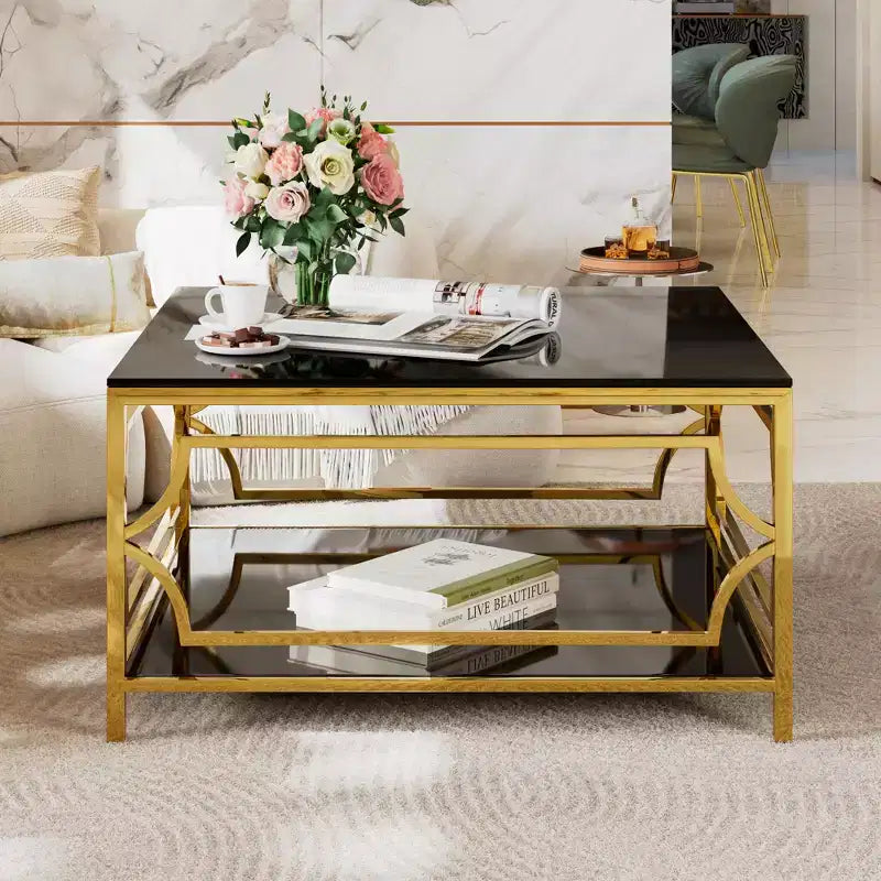 Table basse carrée en verre avec étagère inférieure