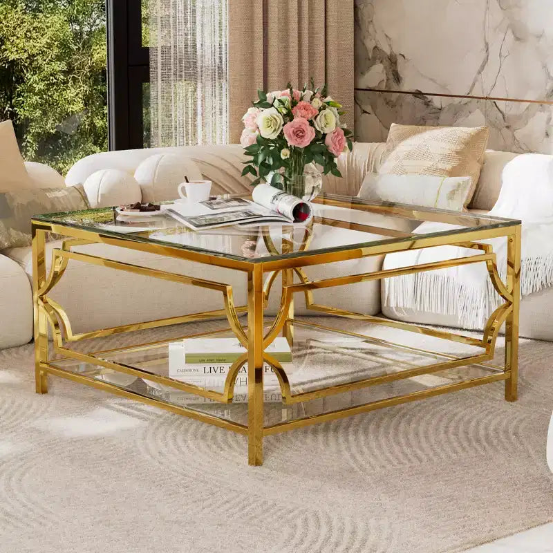 Table basse carrée en verre avec étagère inférieure