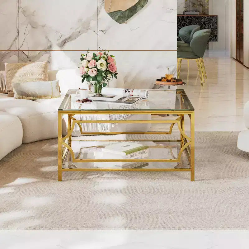 Table basse carrée en verre avec étagère inférieure
