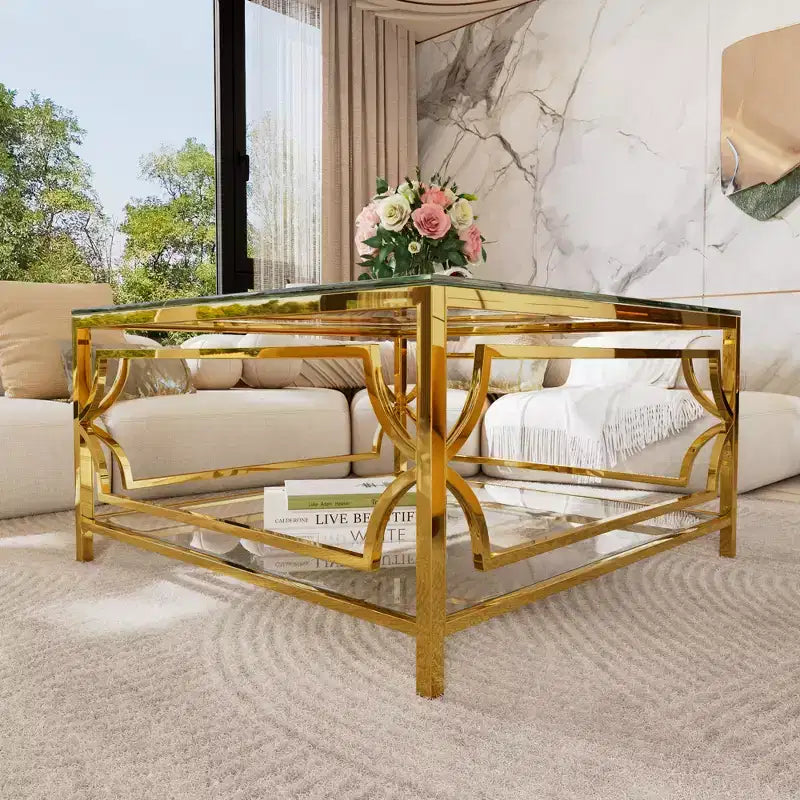 Table basse carrée en verre avec étagère inférieure