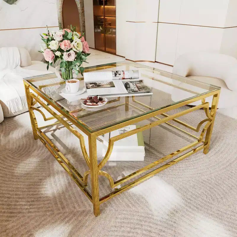 Table basse carrée en verre avec étagère inférieure