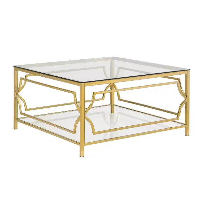 Table basse carrée en verre avec étagère inférieure