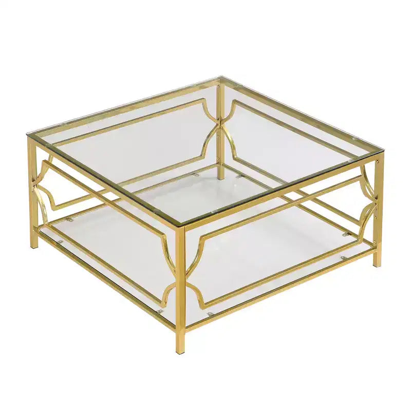 Table basse carrée en verre avec étagère inférieure