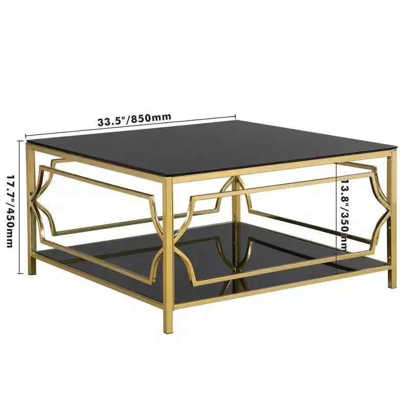 Table basse carrée en verre avec étagère inférieure