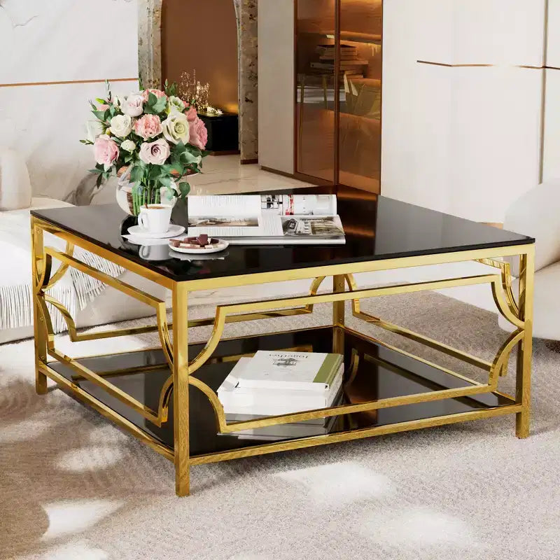 Table basse carrée en verre avec étagère inférieure