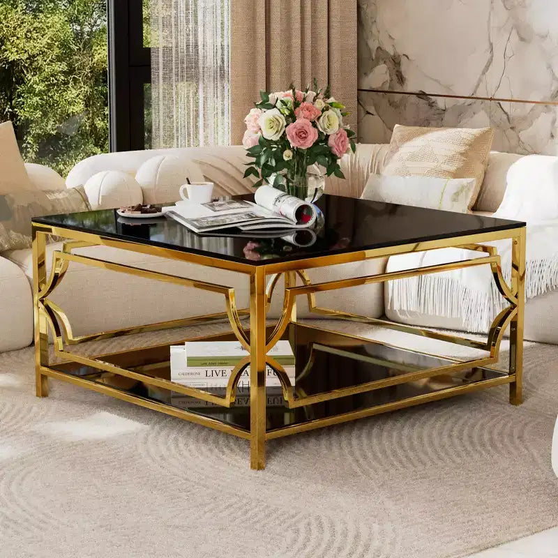 Table basse carrée en verre avec étagère inférieure