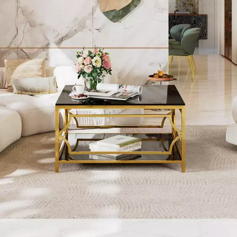 Table basse carrée en verre avec étagère inférieure