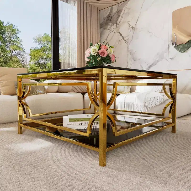 Table basse carrée en verre avec étagère inférieure