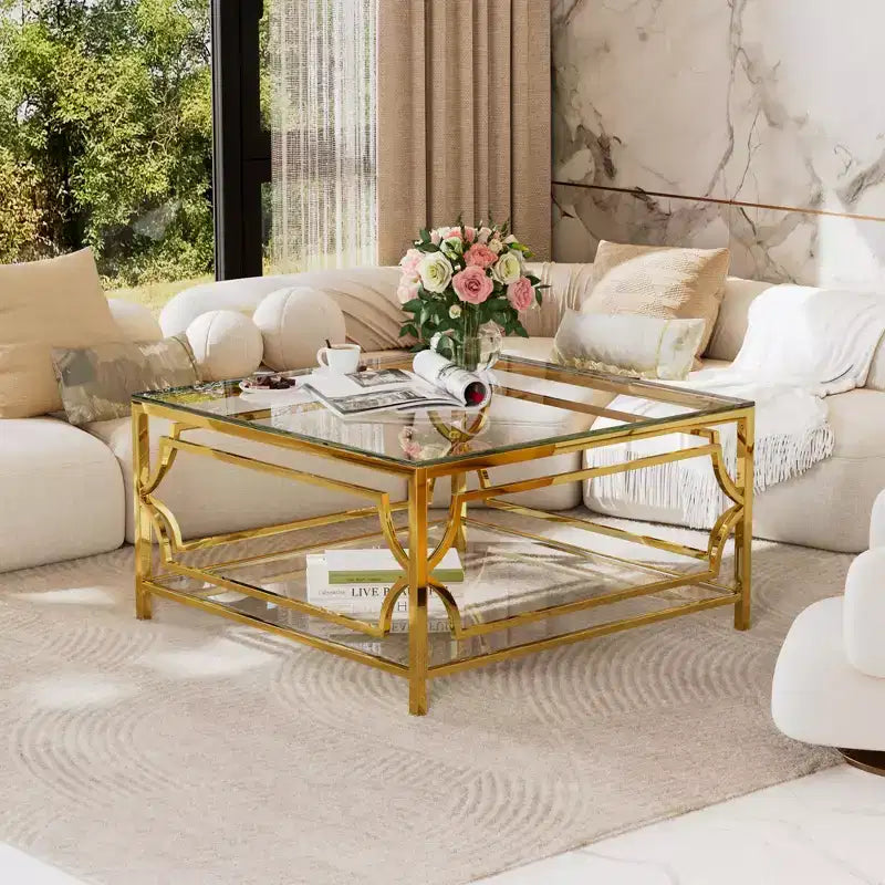 Table basse carrée en verre avec étagère inférieure