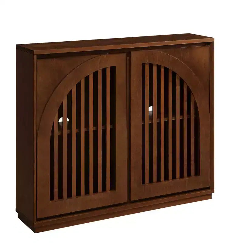 Meuble de rangement en bois massif et MDF avec double porte à lattes pour entrée, salon, marron