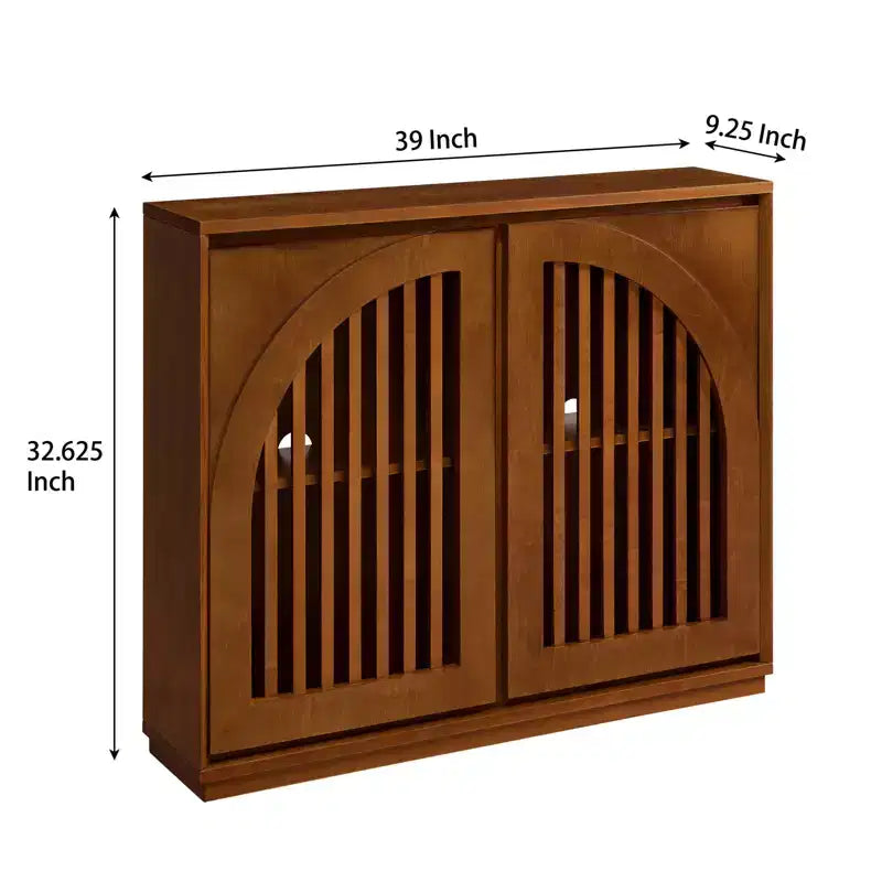 Meuble de rangement en bois massif et MDF avec double porte à lattes pour entrée, salon, marron