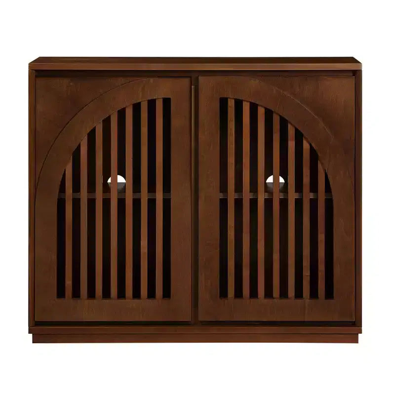 Meuble de rangement en bois massif et MDF avec double porte à lattes pour entrée, salon, marron
