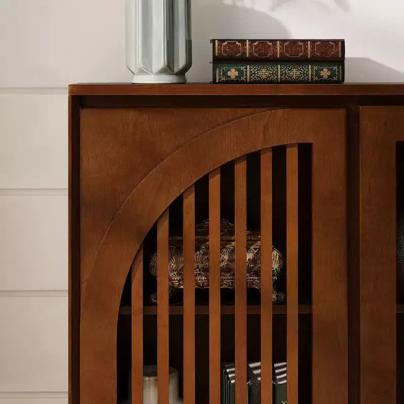 Meuble de rangement en bois massif et MDF avec double porte à lattes pour entrée, salon, marron