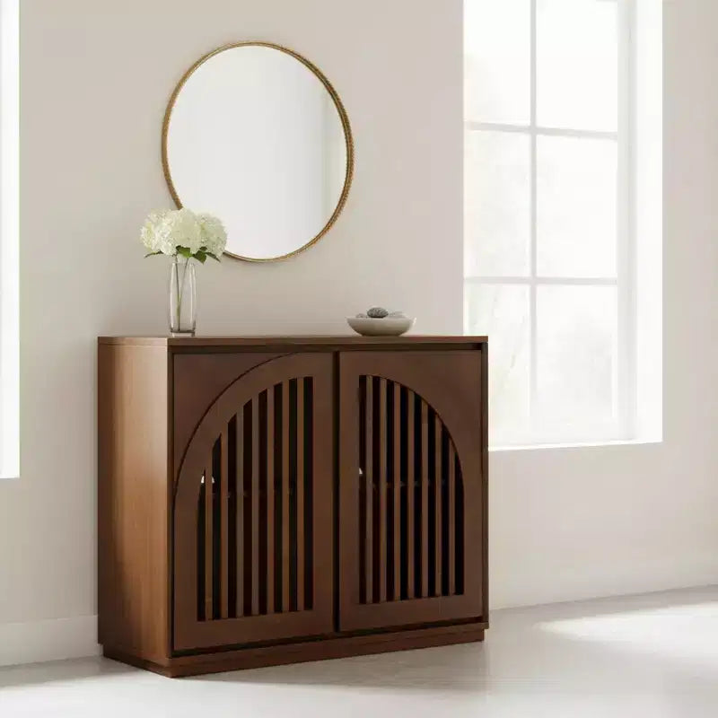 Meuble de rangement en bois massif et MDF avec double porte à lattes pour entrée, salon, marron