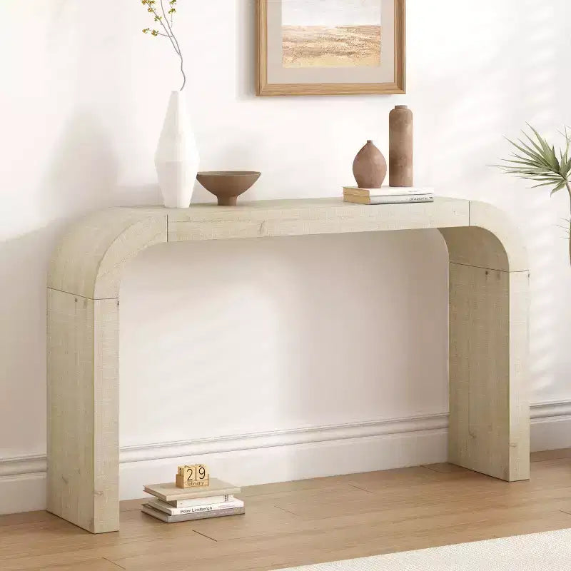 52 Table console étroite à bord incurvé, Table console derrière le canapé, Table de couloir étroite et moderne pour le salon