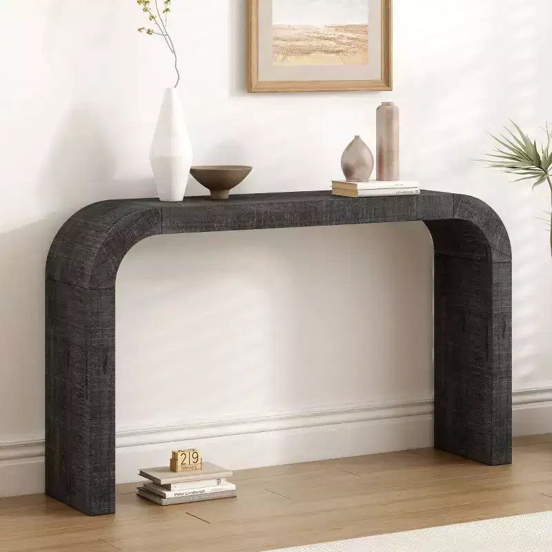 52 Table console étroite à bord incurvé, Table console derrière le canapé, Table de couloir étroite et moderne pour le salon