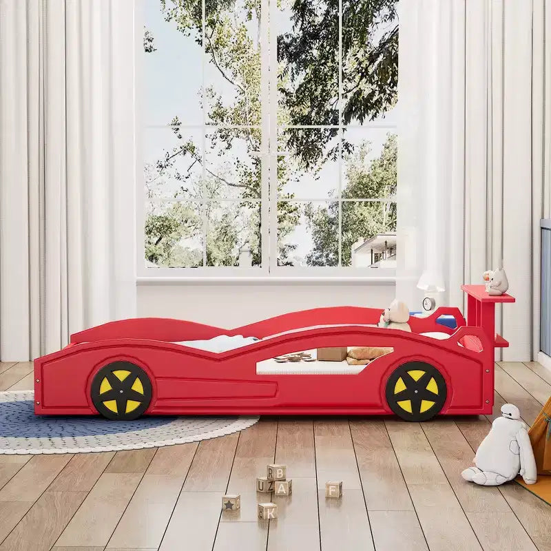 Lit de course en bois double et sommier plateforme en forme de voiture avec roues