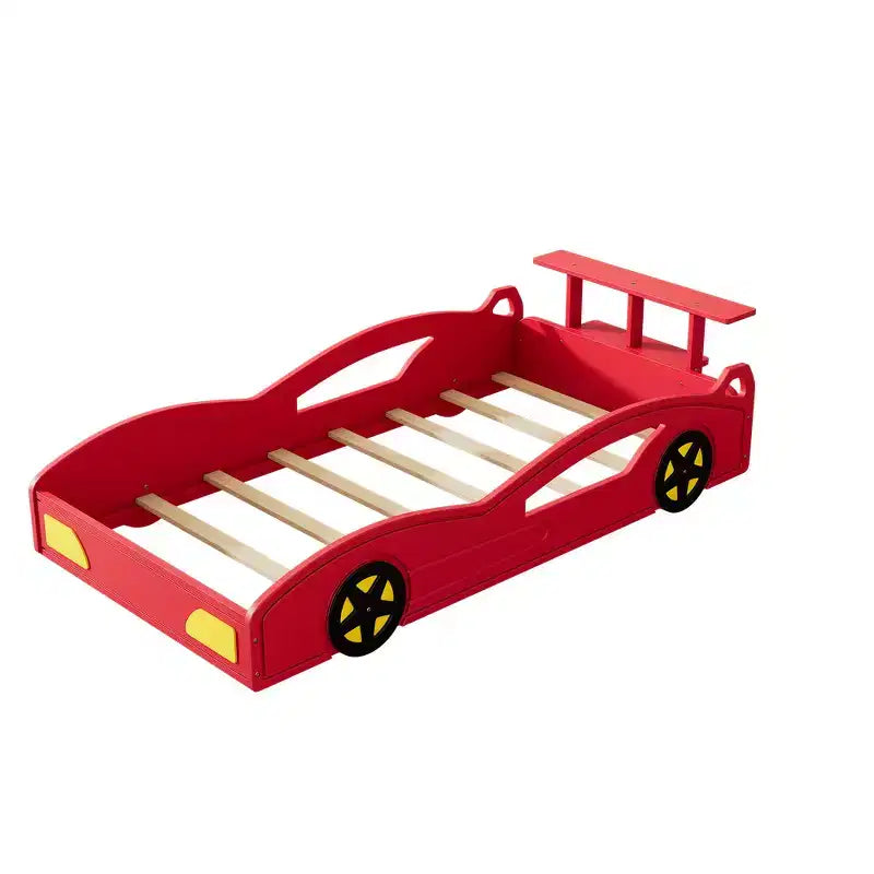 Lit de course en bois double et sommier plateforme en forme de voiture avec roues