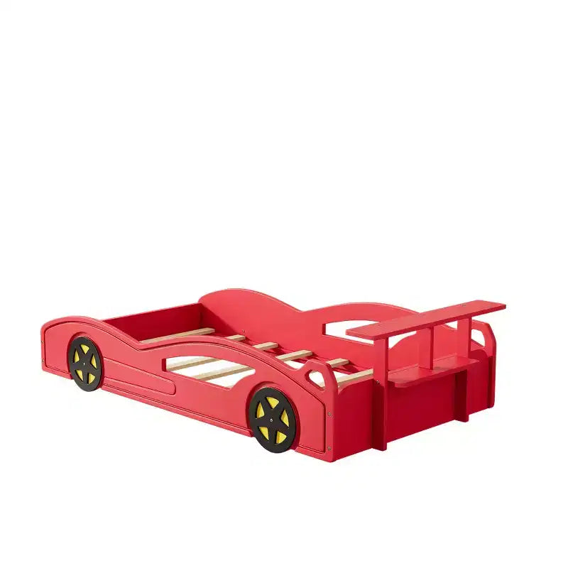 Lit de course en bois double et sommier plateforme en forme de voiture avec roues