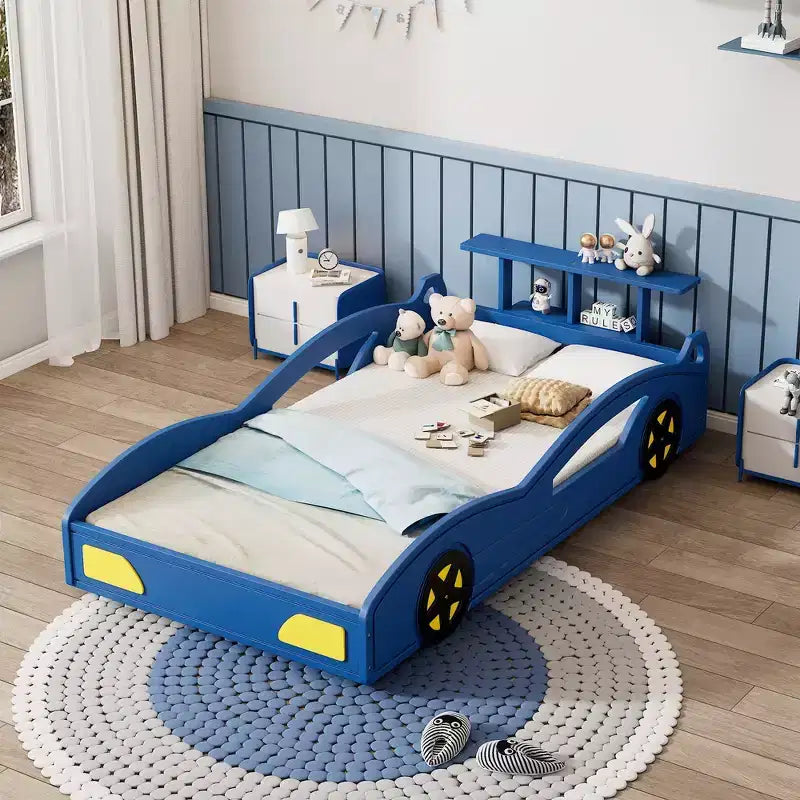 Lit de course en bois double et sommier plateforme en forme de voiture avec roues