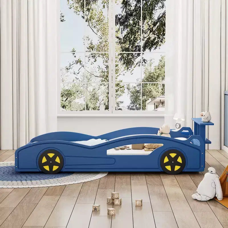 Lit de course en bois double et sommier plateforme en forme de voiture avec roues