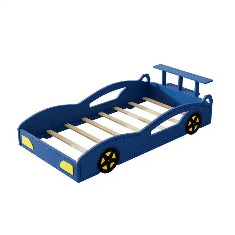 Lit de course en bois double et sommier plateforme en forme de voiture avec roues