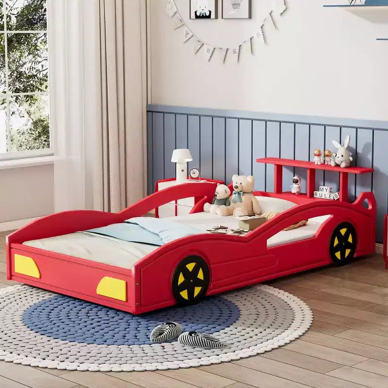 Lit de course en bois double et sommier plateforme en forme de voiture avec roues