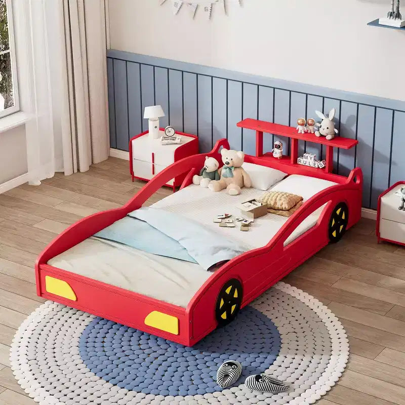 Lit de course en bois double et sommier plateforme en forme de voiture avec roues